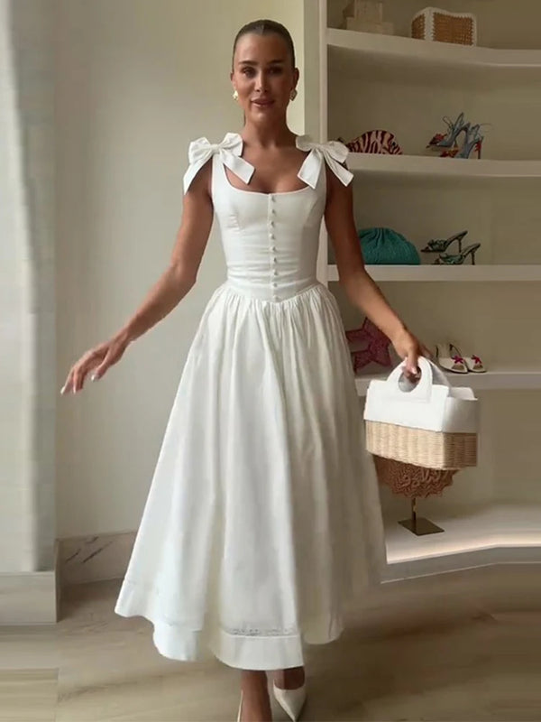 Elegant Chic Bow-tie Strap Plain Long Slim A-line Dress