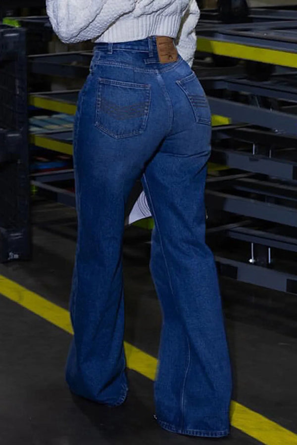 High Waist Blue Button Fly Wide Leg Denim