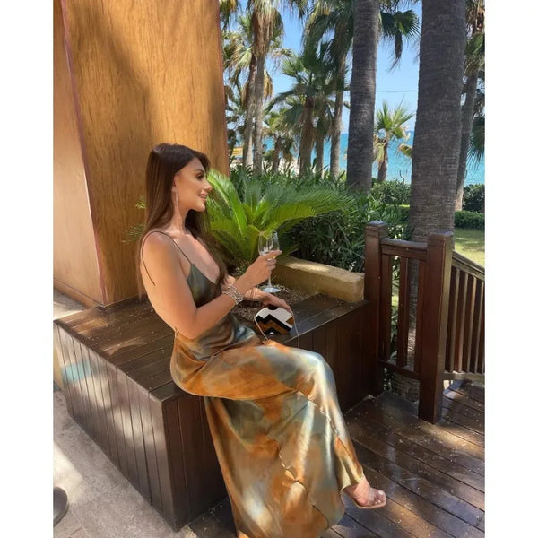 Elegant V-neck Open Back Rainbow Printing Tank Dress