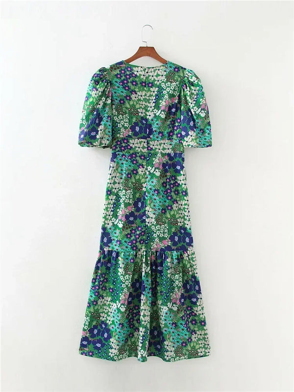 Vintage Flower Puff Sleeve High Waist Long Calf Elegant Dress