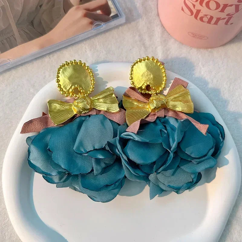Charm Crystal Cubic Zircon Fabric Flower Big Earrings