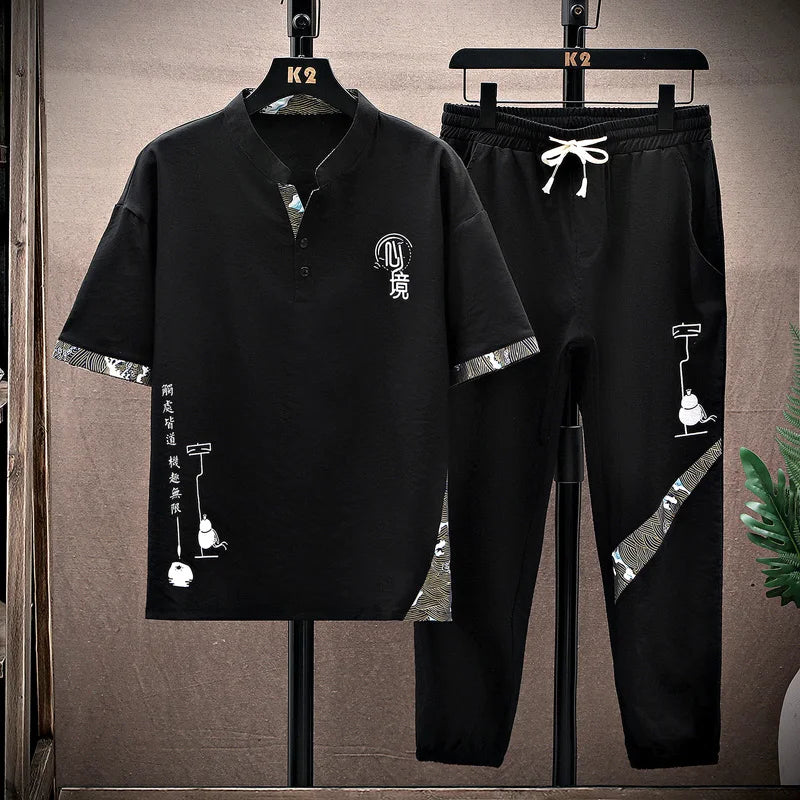 Cotton Linen Blend Short Sleeve V-neck T Shirts Pants