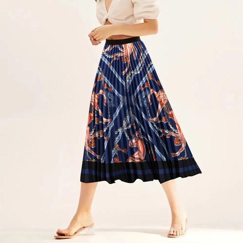 Printed elastic mid length A-line pressed pleated skirt