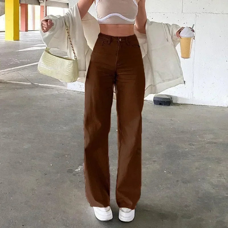 Straight Elegant Splice Button High Waist Trousers