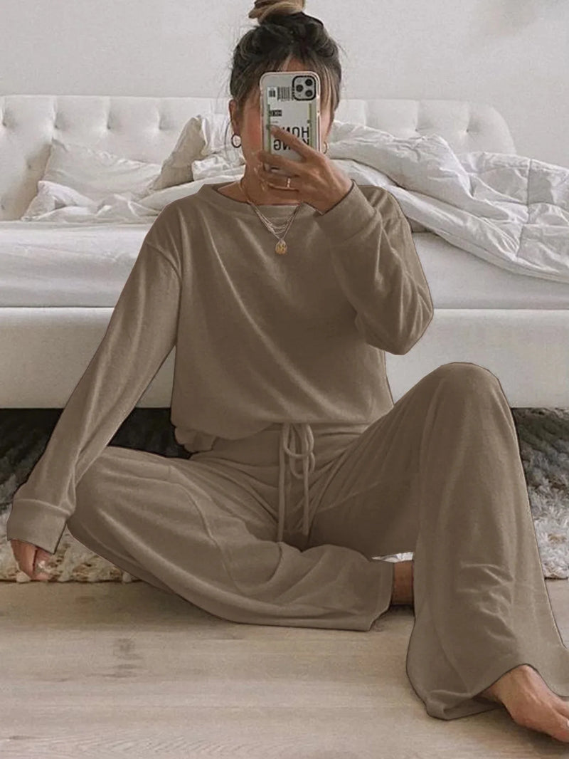 Round Neck Knit Sweater Long Sleeve Casual Suit