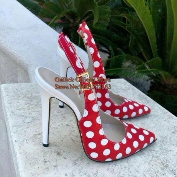 Polka Dot Pointed Toe Red White Mixed Colors Thin Heels
