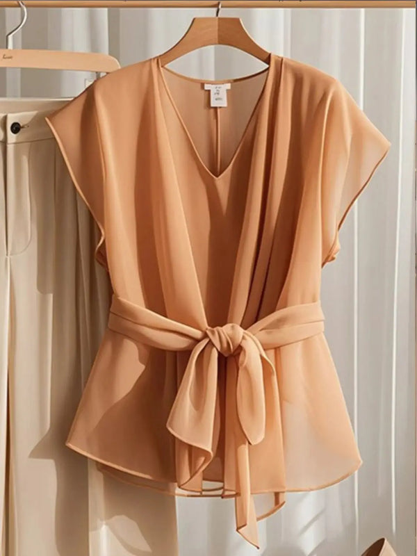 V-neck Short Sleeve Lace Up Waist Blouse Tops + Wide Leg Pants