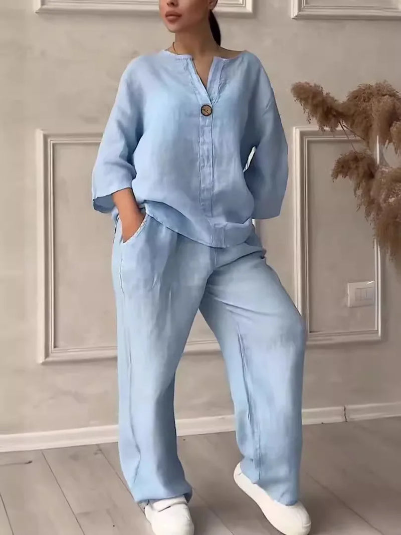 Cotton Linen Long Sleeve Button Loose Blouse Shirt & High Elastic Wide Leg Loose Pant