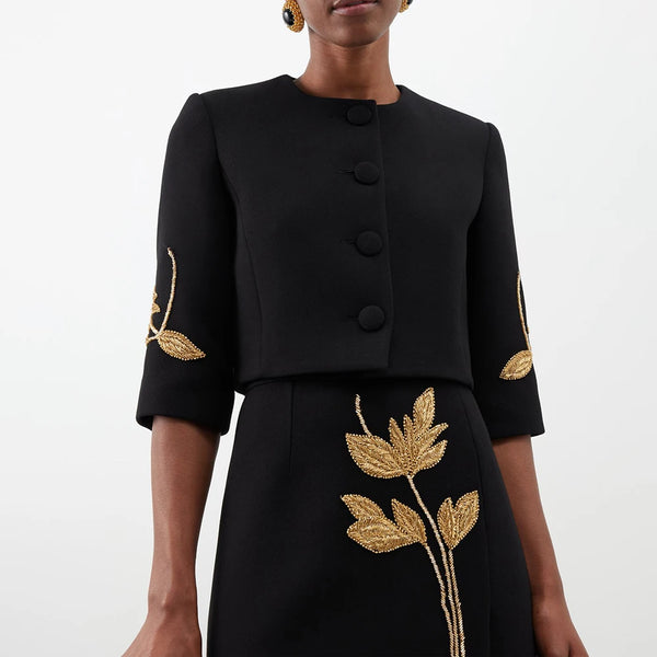 Elegant O Neck Half Sleeve Coat High Waist Skirt Set