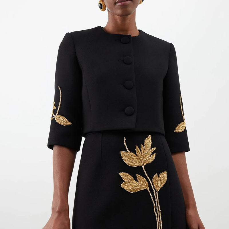 Elegant O Neck Half Sleeve Coat High Waist Skirt Set