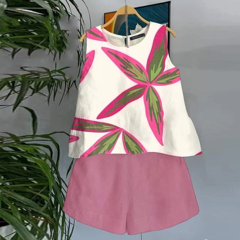 Summer Tanks Short Suit Holiday Stitching Pleats Sets