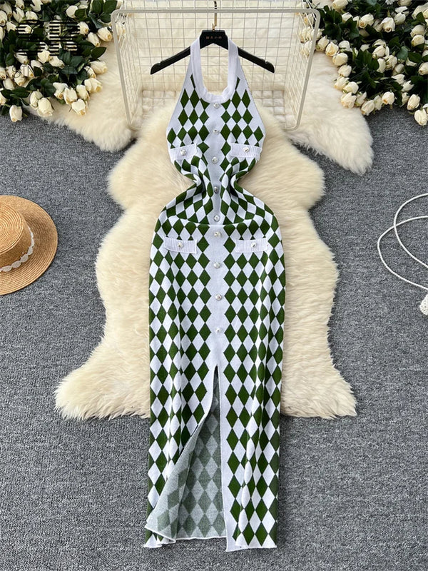 SINGREINY Argyle Split Knitted Dress