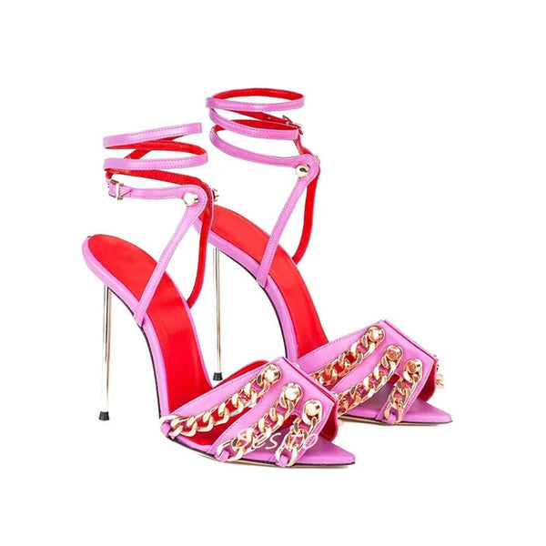 Peep Toe Metal Chain Sandals Ankle Heels