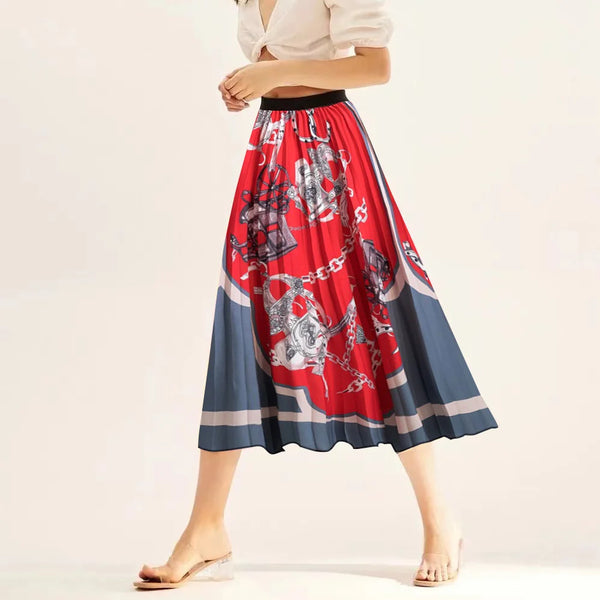 Printed elastic mid length A-line pressed pleated skirt