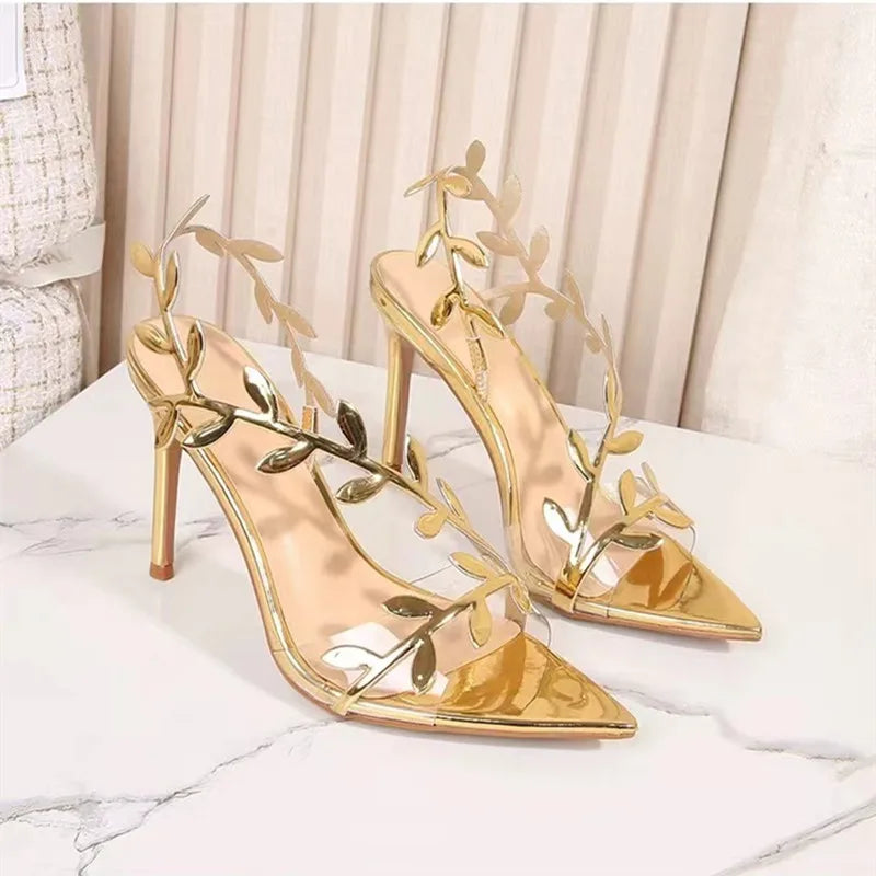 Elegant Gold Leaf Women High Heel Sandals