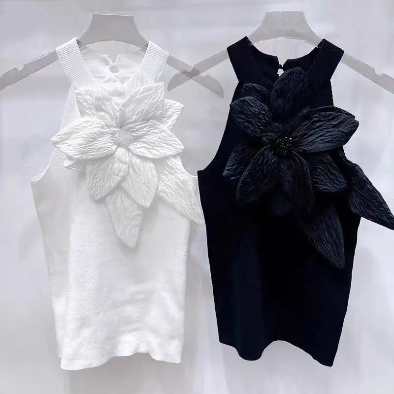 Sleeveless Knitted Vest Round Neck Black White Tank Tops