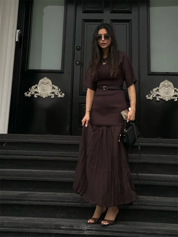 Pleated Elegant O-neck Half Sleeve Maxi Dress
