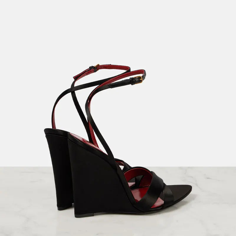Satin Wedges Round Toe Belt buckle high heel