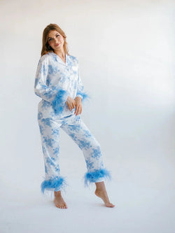 Feather Top Pants Satin 2Pcs
