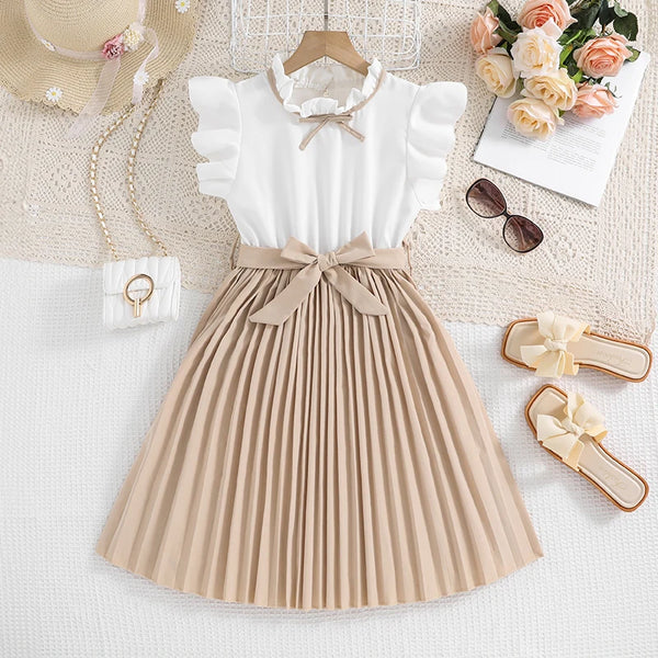 Elegant White Petal Sleeves Pleated Khaki Skirt &Bow tie Preppy
