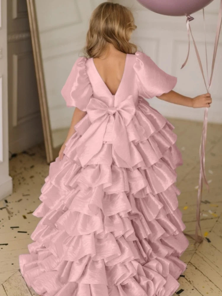 Flower Beige Tiered With Bow And Tailing Short Sleeve Dress