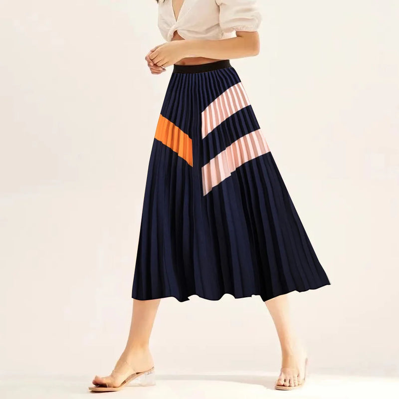 Printed elastic mid length A-line pressed pleated skirt