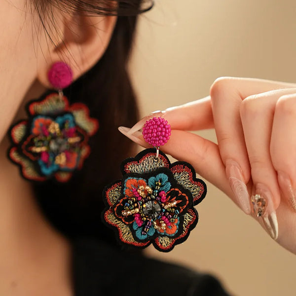 Colorful Rice Beads Embroidered Flower Earrings