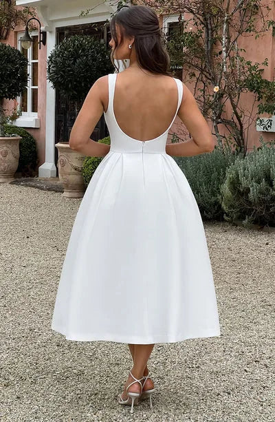 White O Neck Backless Pleated Elegant Long Summer Dress