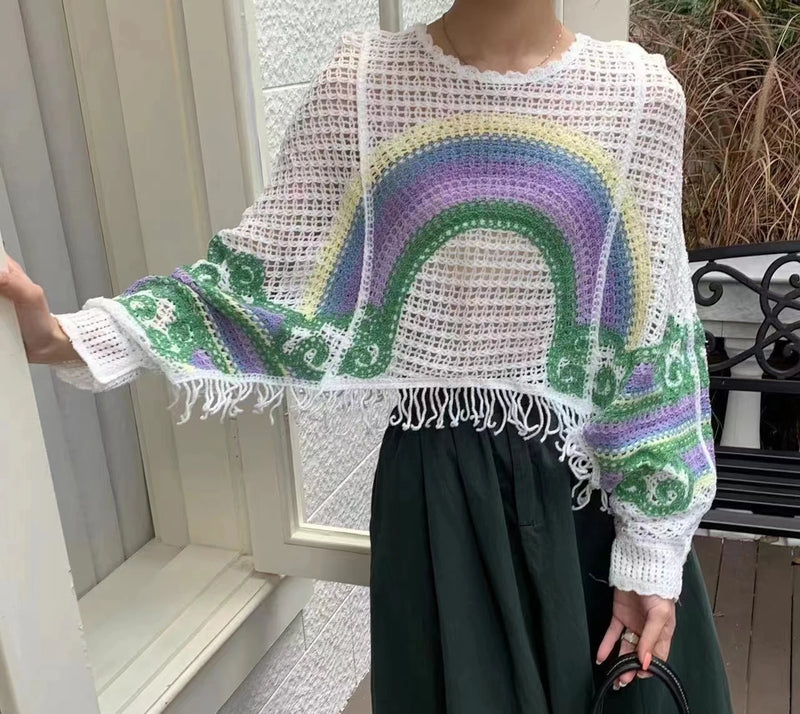 Embroidery Rainbow Crochet Top Sheer Openwork Pullover