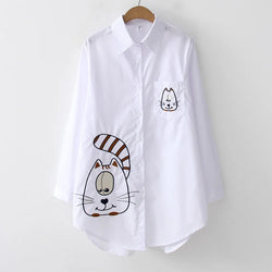 New White Button Long Sleeve Cotton Blouse Embroidery