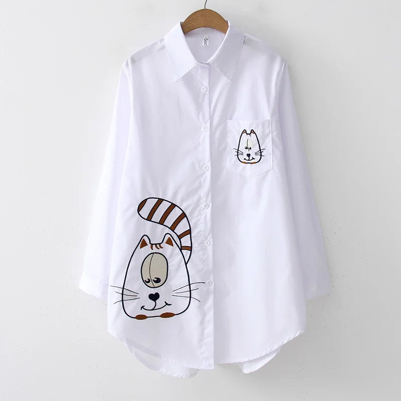 New White Button Long Sleeve Cotton Blouse Embroidery