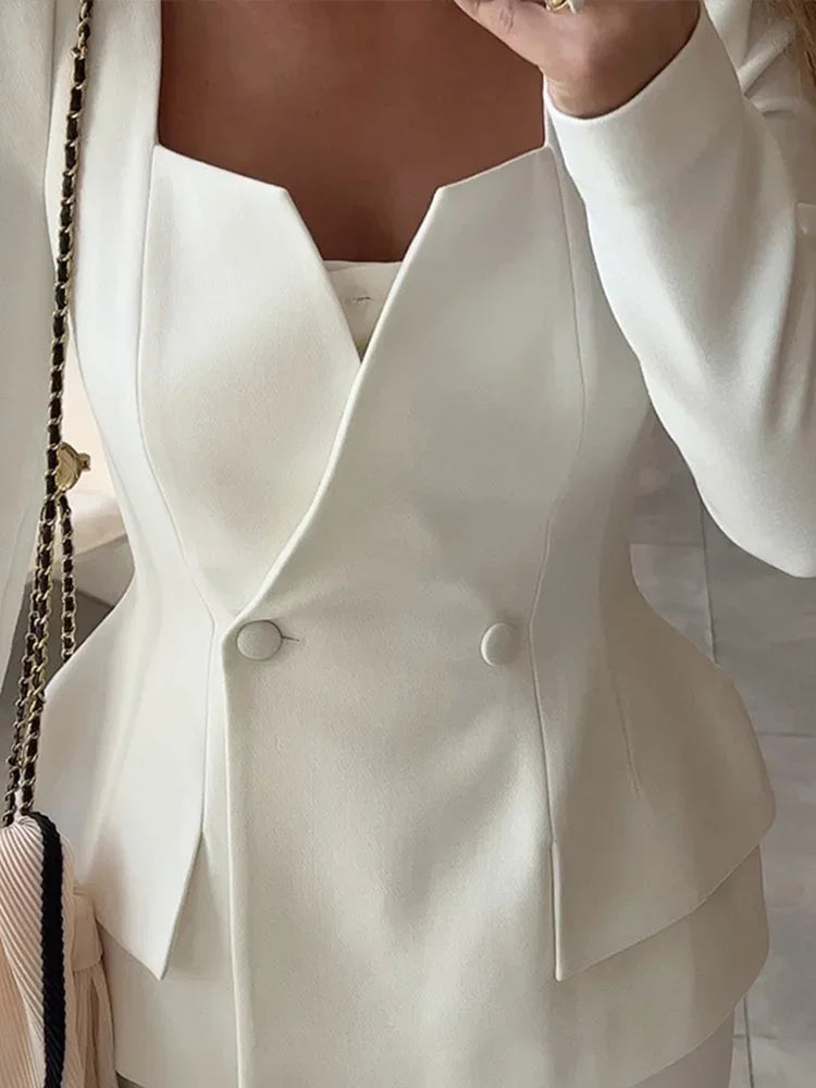Elegant Blazer Breasted Square Collar Jacket And Midi Skirt