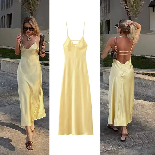 V-Neck Yellow Sexy Backless Casual Slim Stain Sling Long Dress