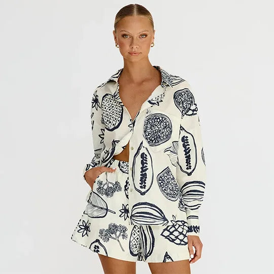 Summer Flip Collar Printed Single Breasted Shirt Shorts Two Piece