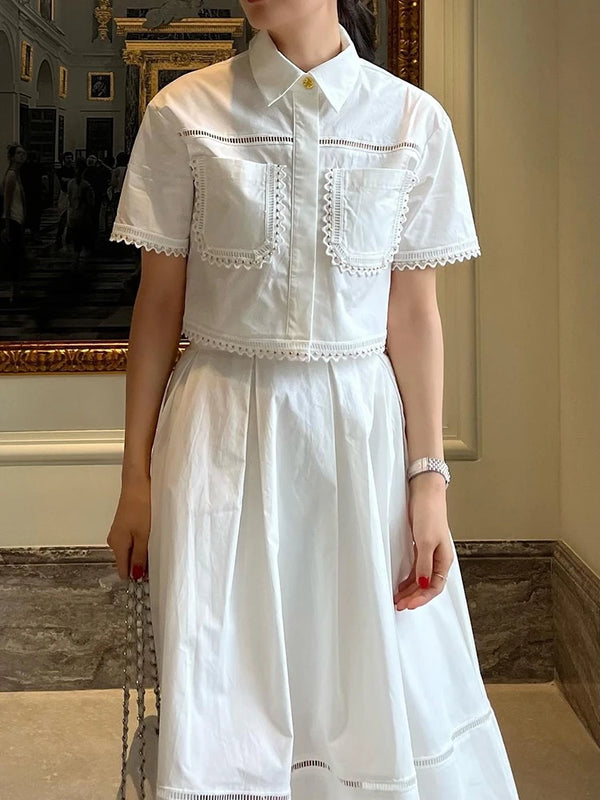 Elegant Lapel Short Sleeve Top High Waist A Line Pleated Skirt