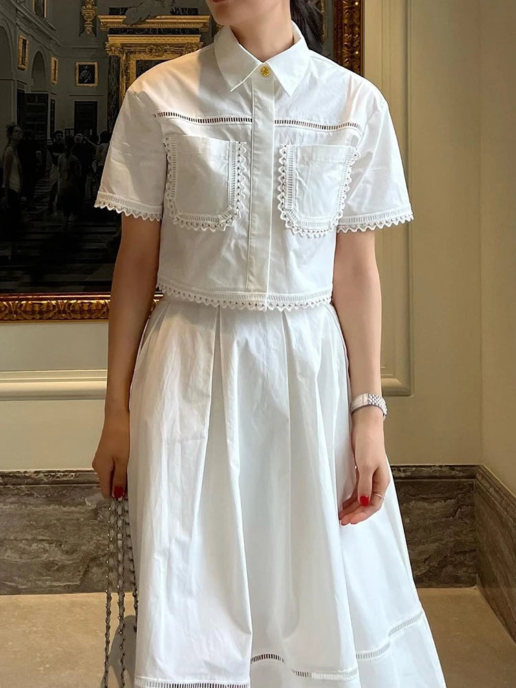 Elegant Lapel Short Sleeve Top High Waist A Line Pleated Skirt