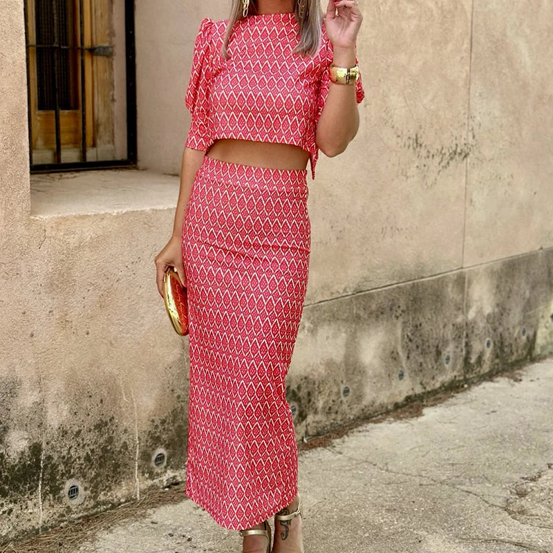 Chic Geometry Print Puff Sleeve Top+Dress Set