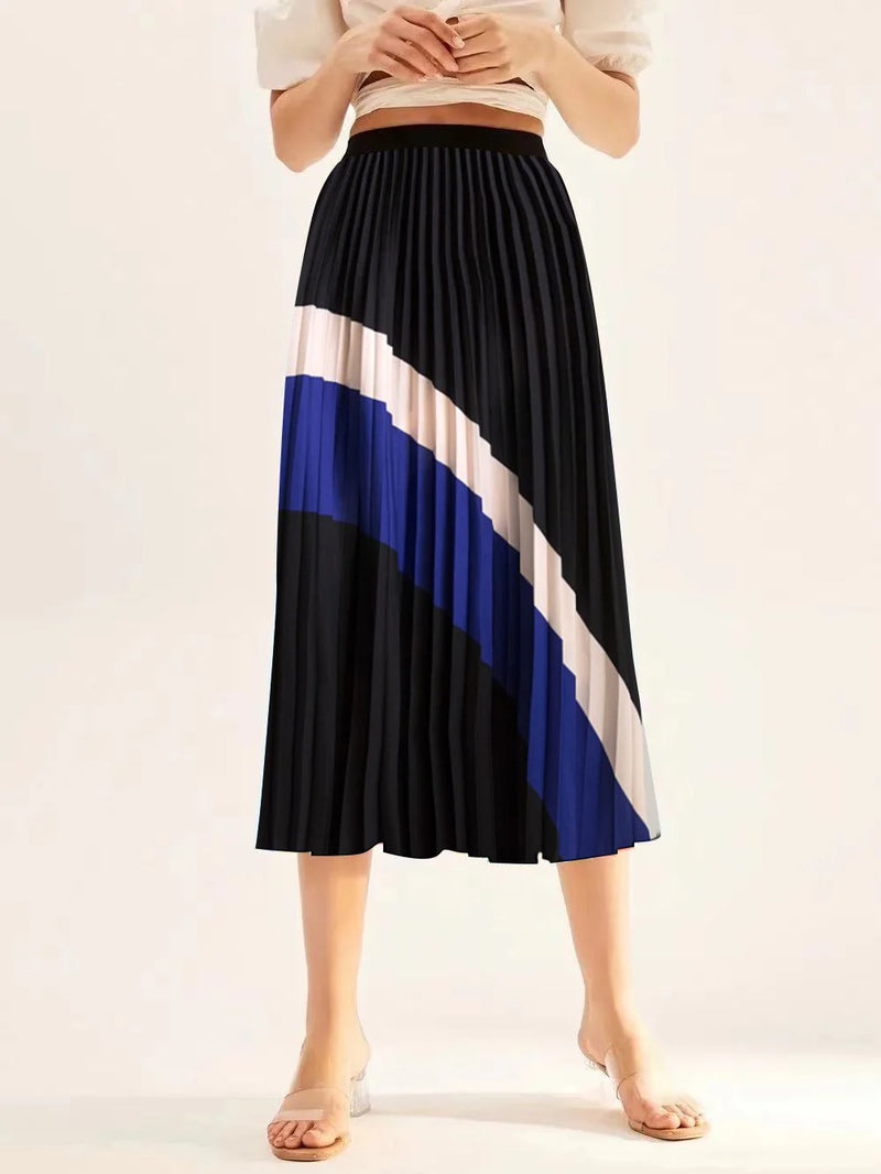 Printed elastic mid length A-line pressed pleated skirt