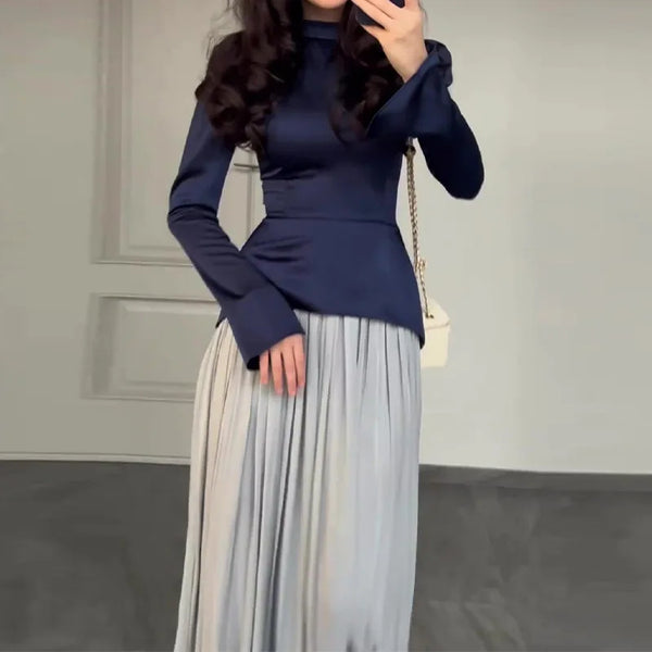 Elegant Long Sleeve Top and Pleated Long Skirts Suits
