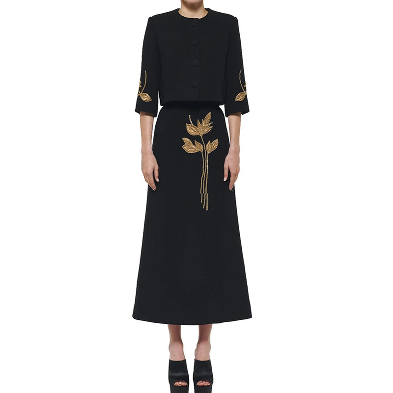 Elegant O Neck Half Sleeve Coat High Waist Skirt Set