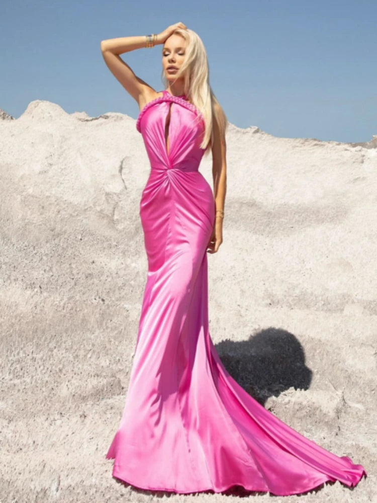 Asymmetrical Straps Maxi Red Sleeveless Backless Dress
