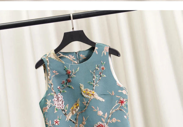 Elegant Beaded Blue Rhinestone Embellished Sleeveless Dress