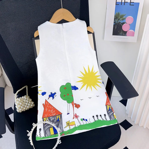 Cute Cartoon Graffiti Print Sleeveless Princess Dress
