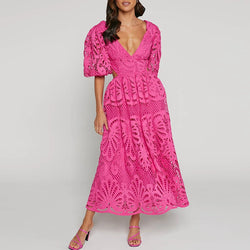 Causal Half Sleeves Deep V-neck Hollow Out Long Dress