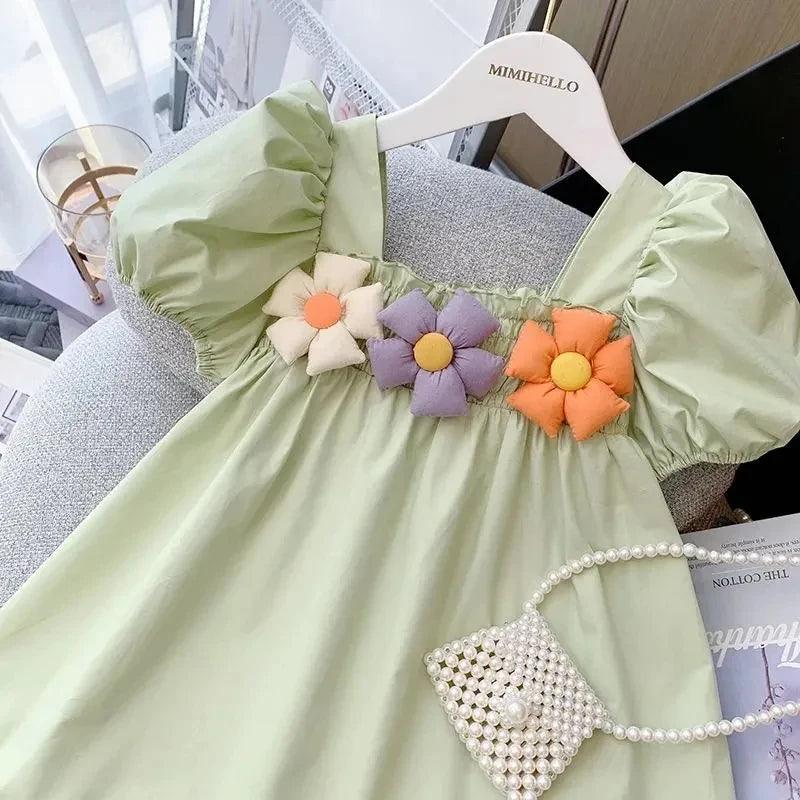Elegant Puff Sleeves Flowers Dress 1-9 Years Old