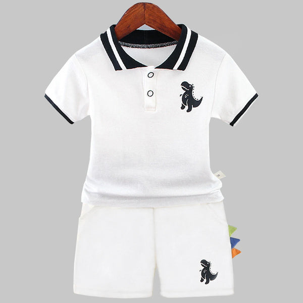 Dinosaur Turn-down Collar T-Shirts Tops+ Shorts 2PCS/Suit