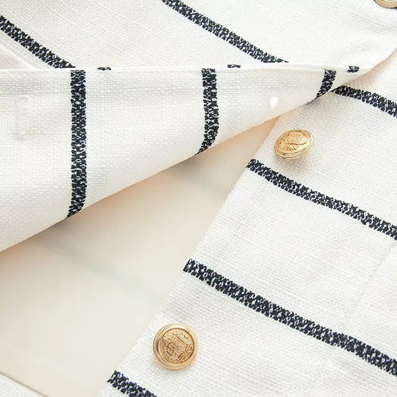 Striped Single-breasted Lapel Half Sleeves Tops Loose High Waist Short