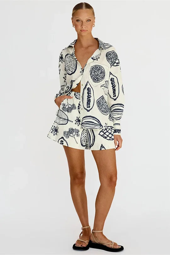 Summer Flip Collar Printed Single Breasted Shirt Shorts Two Piece