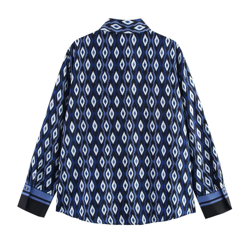Vintage Blue Geometric Long Sleeve Loose Shirts+High Waist Wide Leg Pants