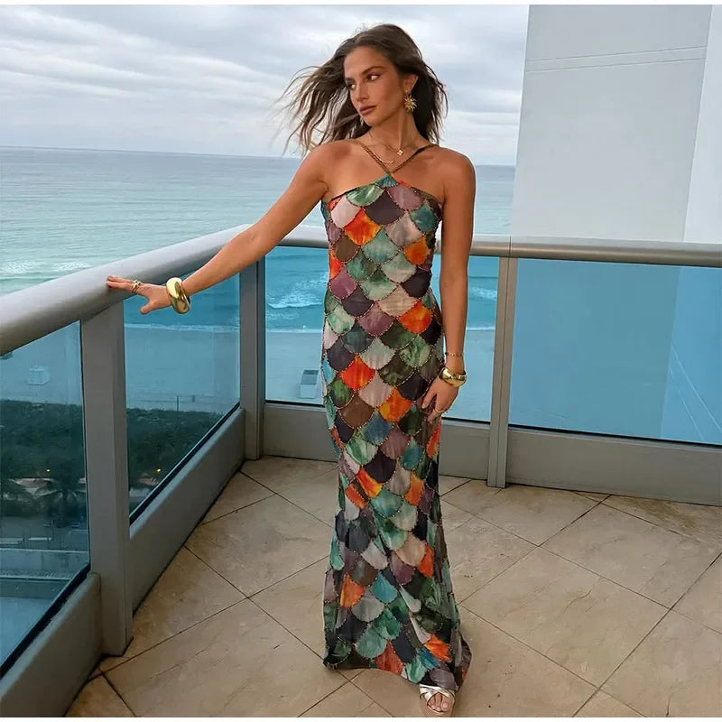 Chic Sequins Scale Bohemian Sleeveless Off Shoulder Halter Neck Long Dress